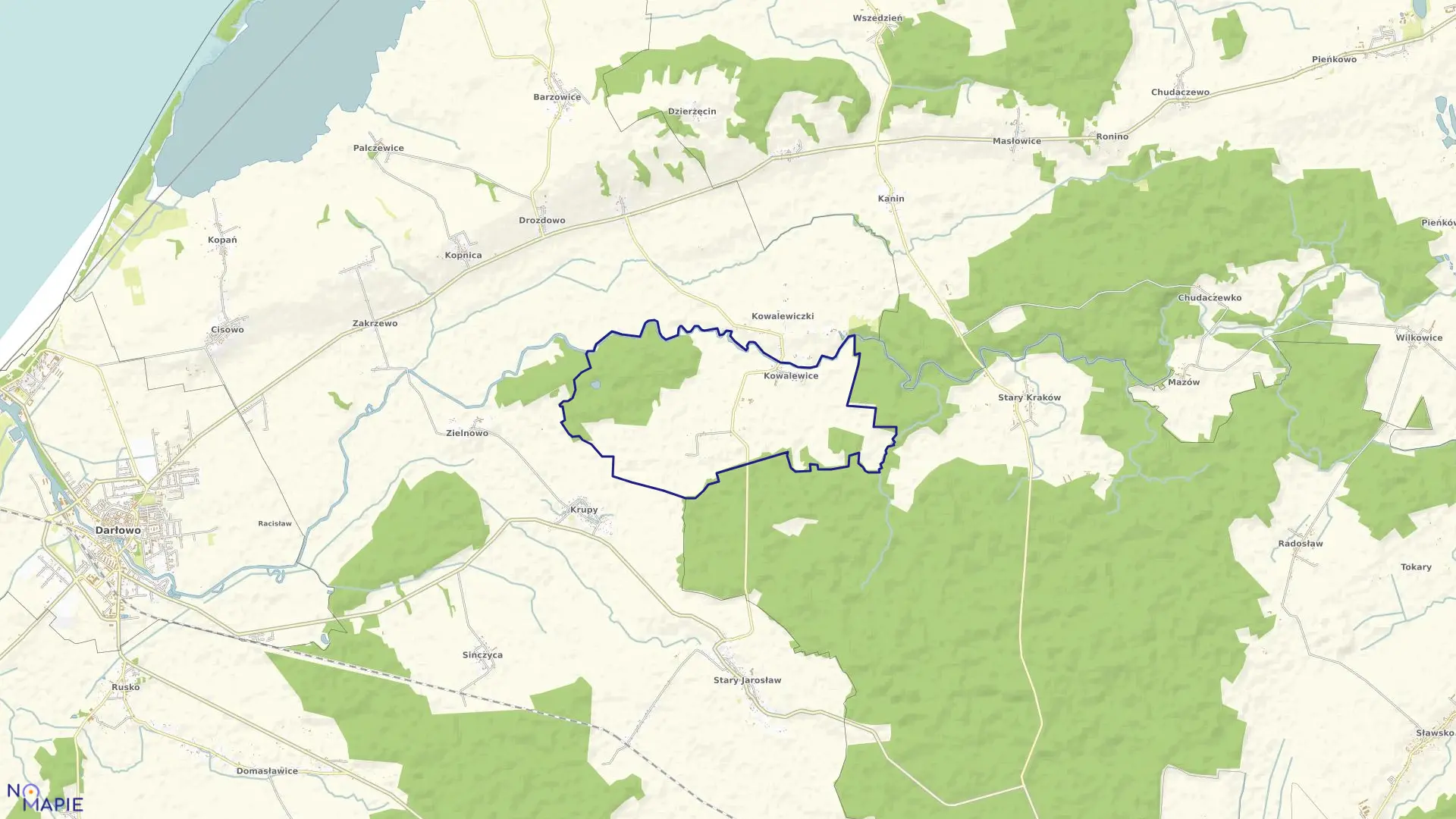 Mapa obrębu Kowalewice w gminie Darłowo